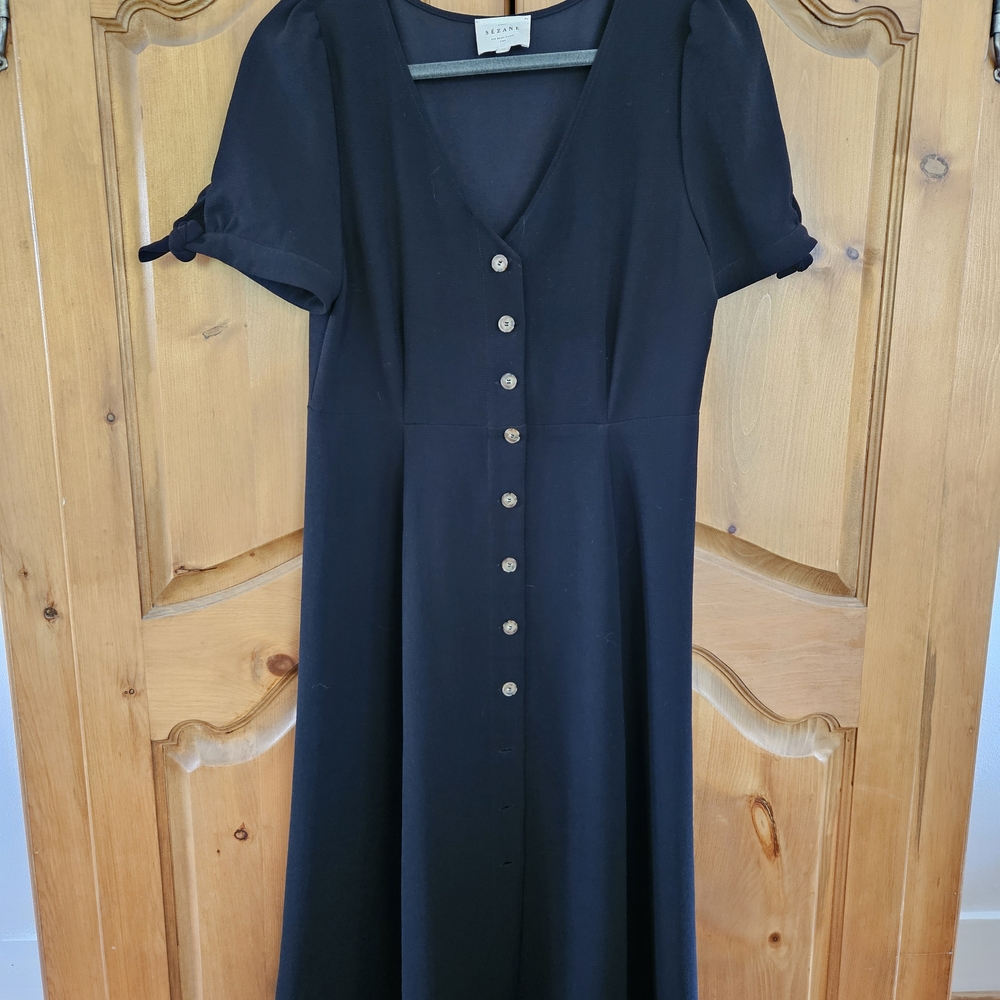 Sezane Black Midi Dress with Button Detail